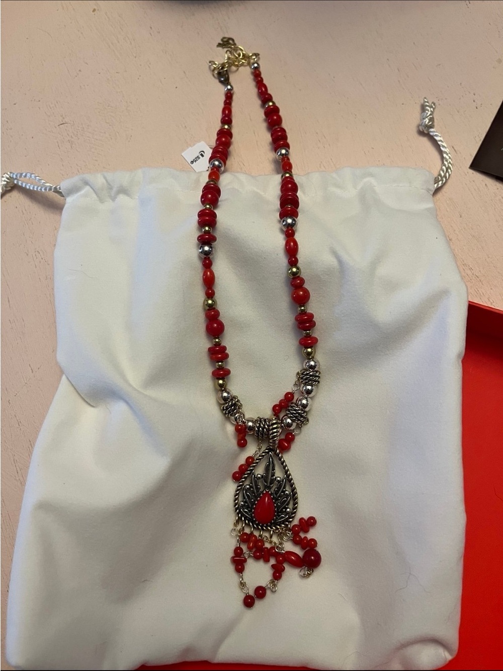 American West Red Beaded Pendant Necklace with Silver Accents